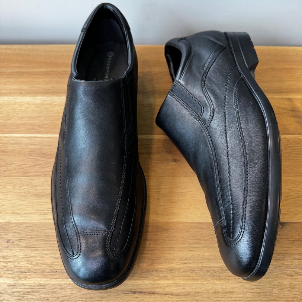 Rockport Men 12 Black Leather Slip On Loafers adiPRENE Bicycle Toe Shoes Classic